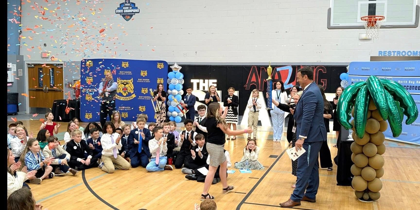 Students celebrating during the winner announcement at the Haven Schools Amazing Shake competition